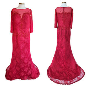 New Hebeos Red Lace Evening Formal Gown Mother-of-Bride Train 3/4 Sleeve Beaded